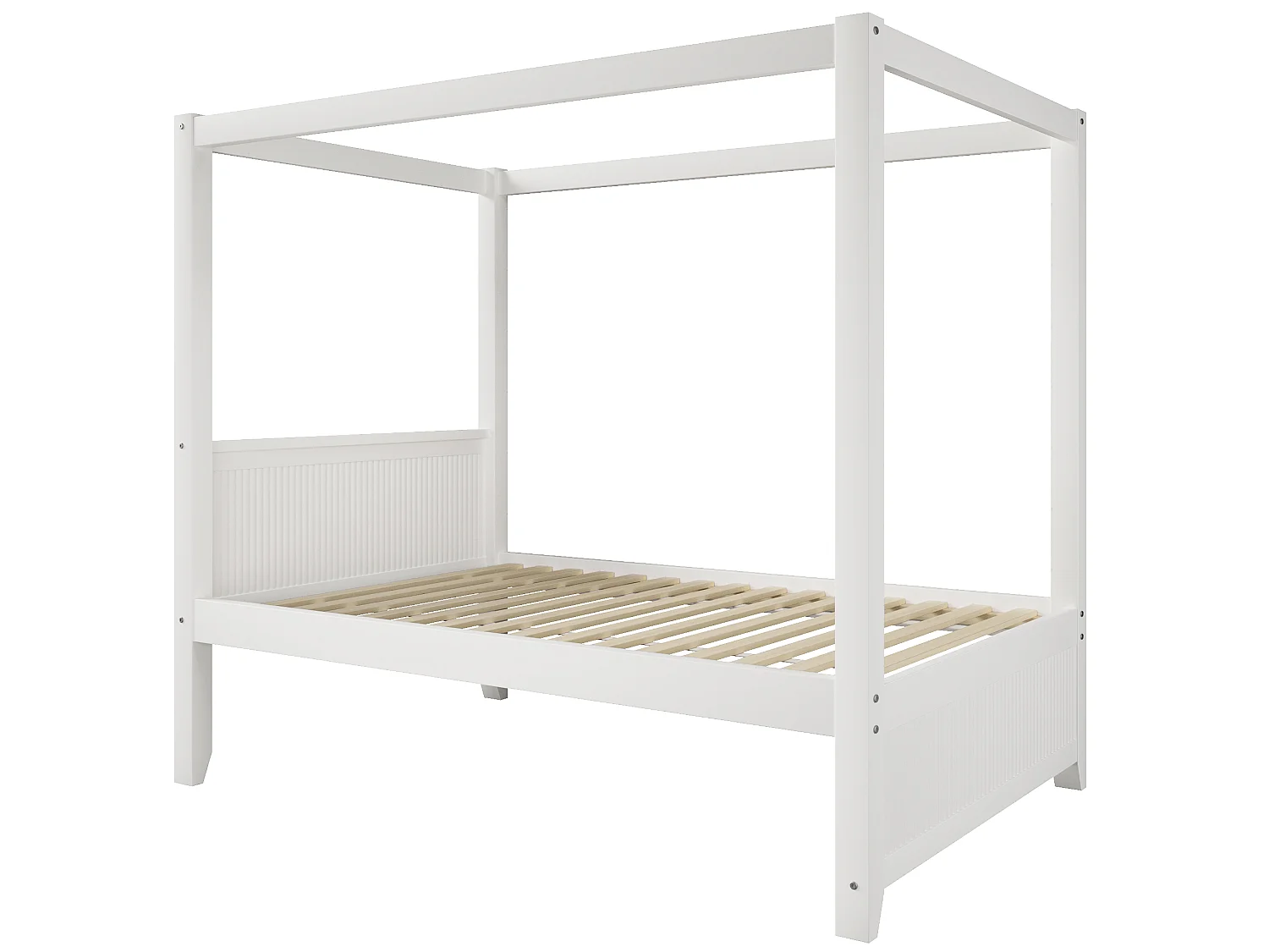 Lit à baldaquin enfant 90x200 cm, cadre de toit décoratif, tête et pied de lit à lattes verticales, structure en Bois, Blanc