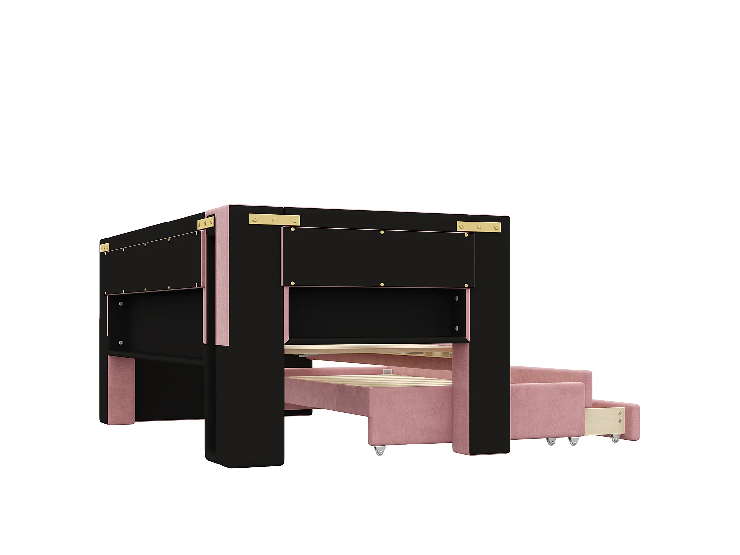 Lit banquette rembourré 90 x 200 cm, lit gigogne, 3 tiroirs, LED, ports USB, revêtement lin, rose