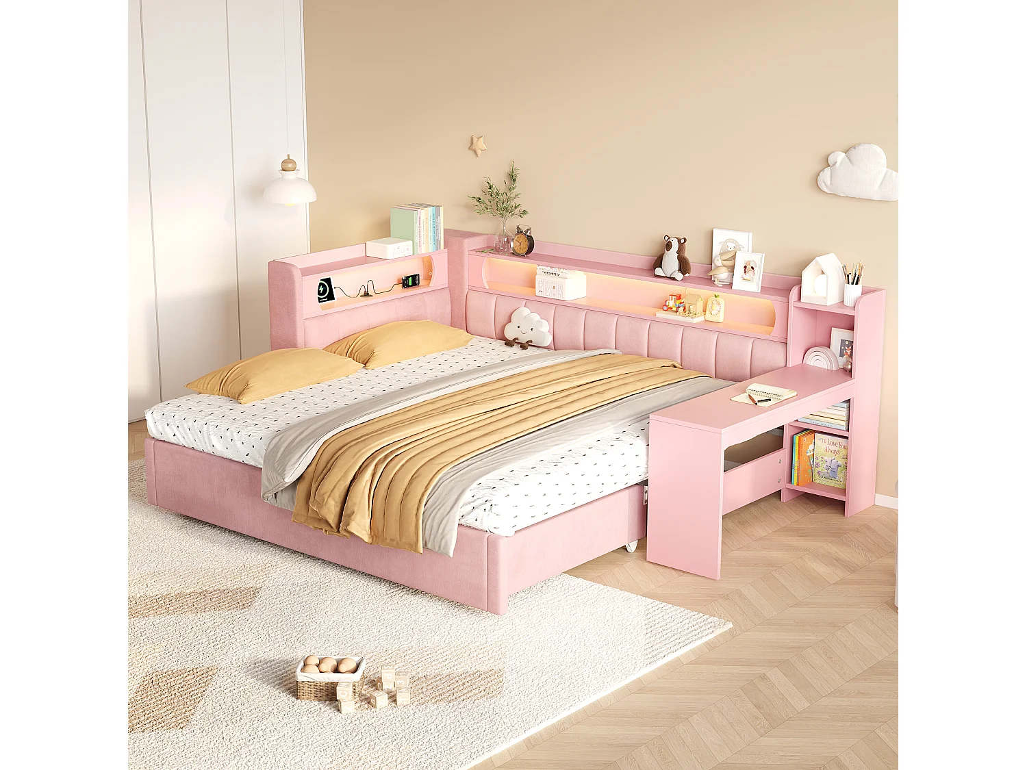 Lit banquette extensible 90 à 180 x 200 cm, lit gigogne, bureau, étagères, LED, ports USB, revêtement lin, rose