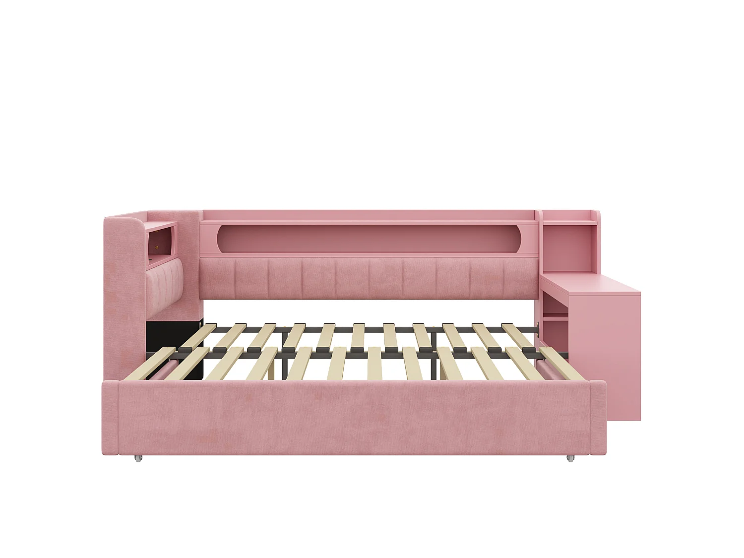 Lit banquette extensible 90 à 180 x 200 cm, lit gigogne, bureau, étagères, LED, ports USB, revêtement lin, rose