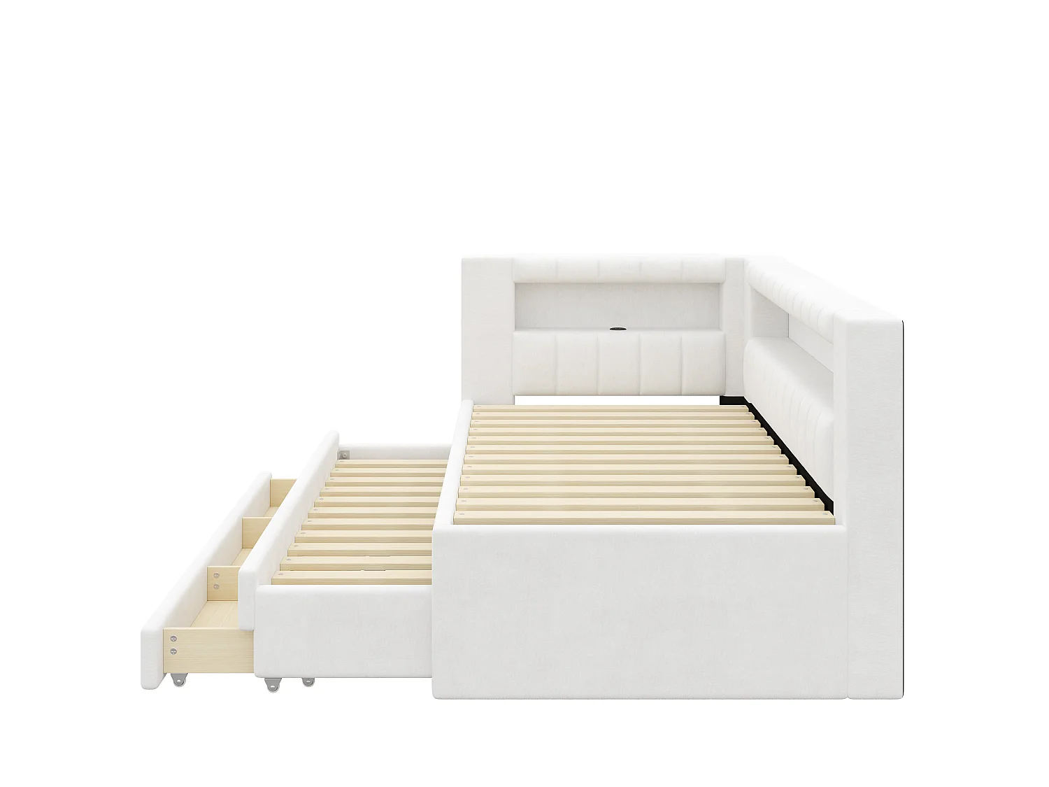 Lit banquette rembourré 90 x 200 cm, lit gigogne, 3 tiroirs, LED, ports USB, revêtement lin, blanc