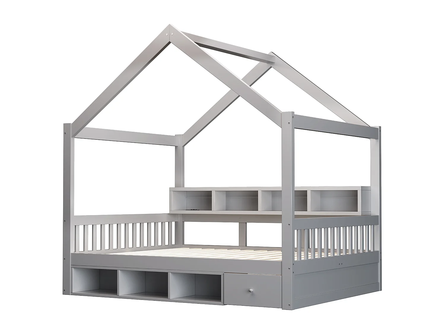 Lit cabane au sol 140x200cm avec toit, garde-corps, étagères, rangements, tiroirs, LED, prise et sommier à lattes, bois, gris