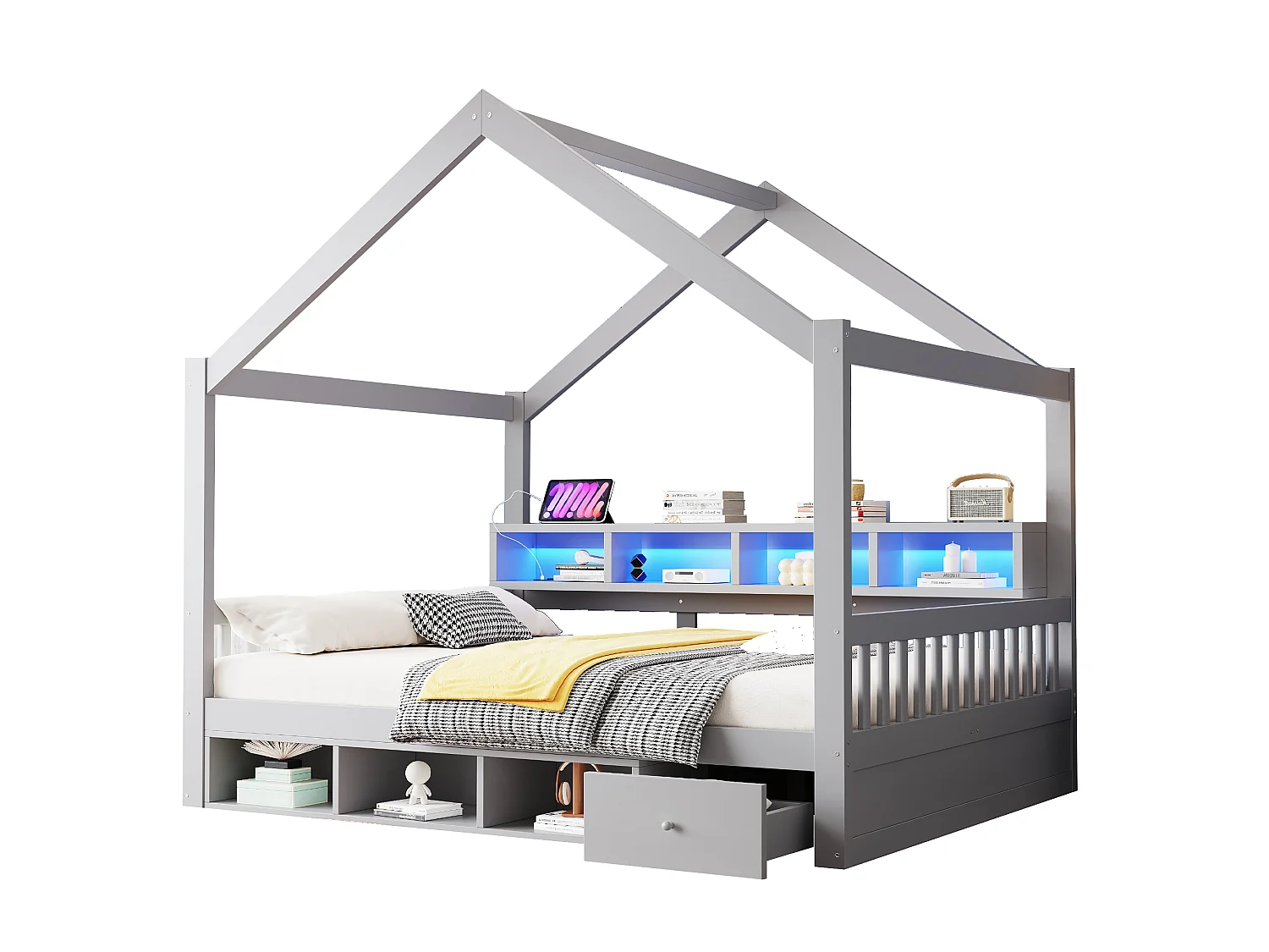 Lit cabane au sol 140x200cm avec toit, garde-corps, étagères, rangements, tiroirs, LED, prise et sommier à lattes, bois, gris