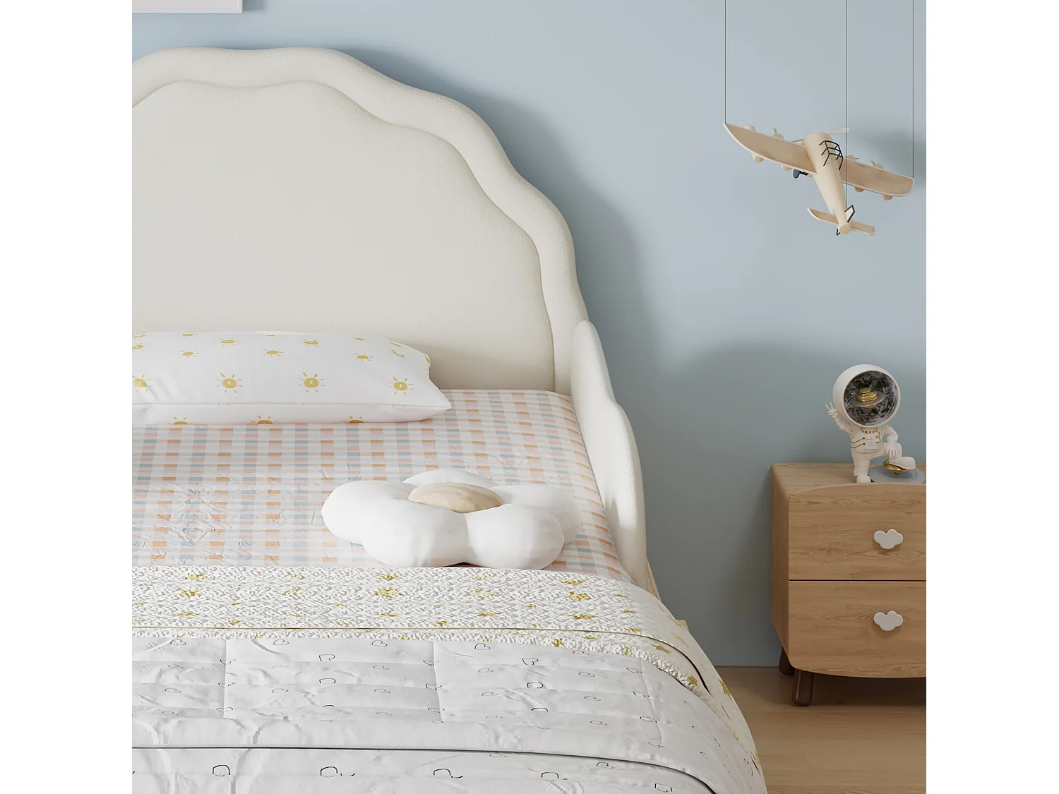 Lit simple enfant 90x200 cm, tête de lit rembourrée en PU, barrières de sécurité latérales, sommier à lattes, Bois, Beige