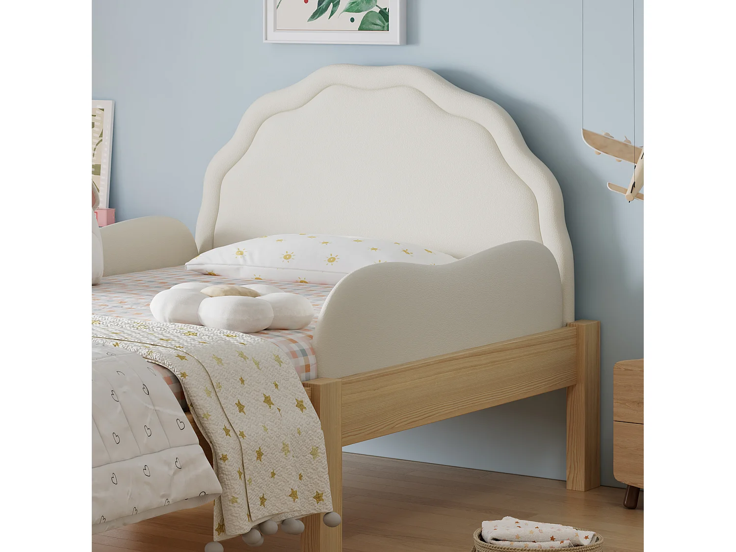 Lit simple enfant 90x200 cm, tête de lit rembourrée en PU, barrières de sécurité latérales, sommier à lattes, Bois, Beige
