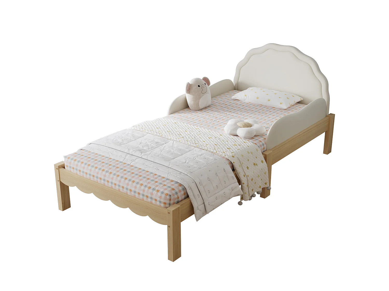 Lit simple enfant 90x200 cm, tête de lit rembourrée en PU, barrières de sécurité latérales, sommier à lattes, Bois, Beige