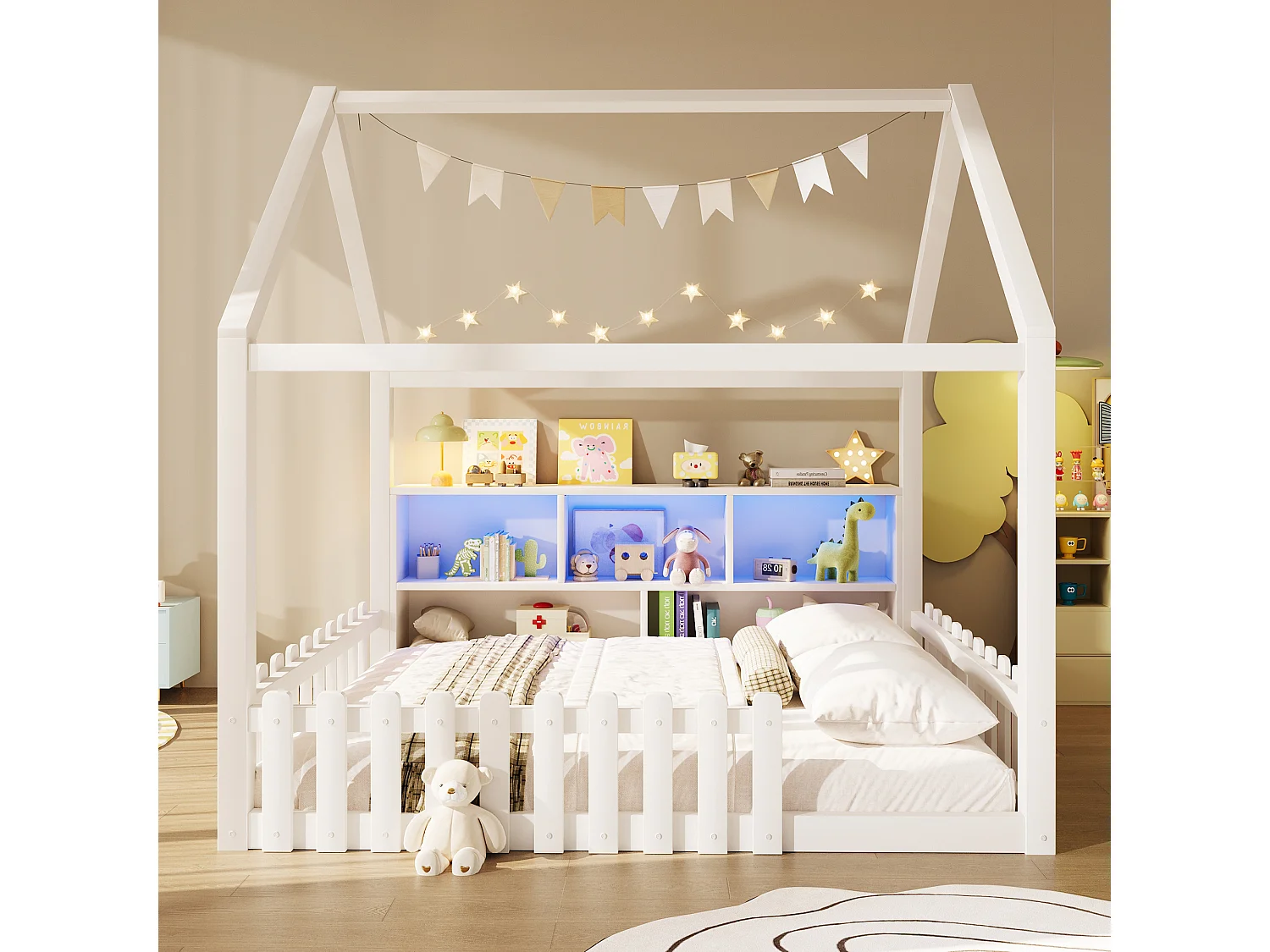 Lit cabane enfant 140x190cm, avec barrières, LED, niches ouvertes, style minimaliste, bois de pin, Blanc
