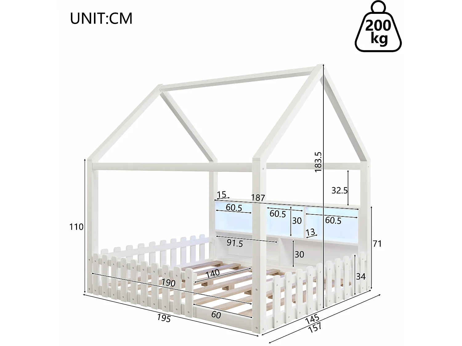 Lit cabane enfant 140x190cm, avec barrières, LED, niches ouvertes, style minimaliste, bois de pin, Blanc