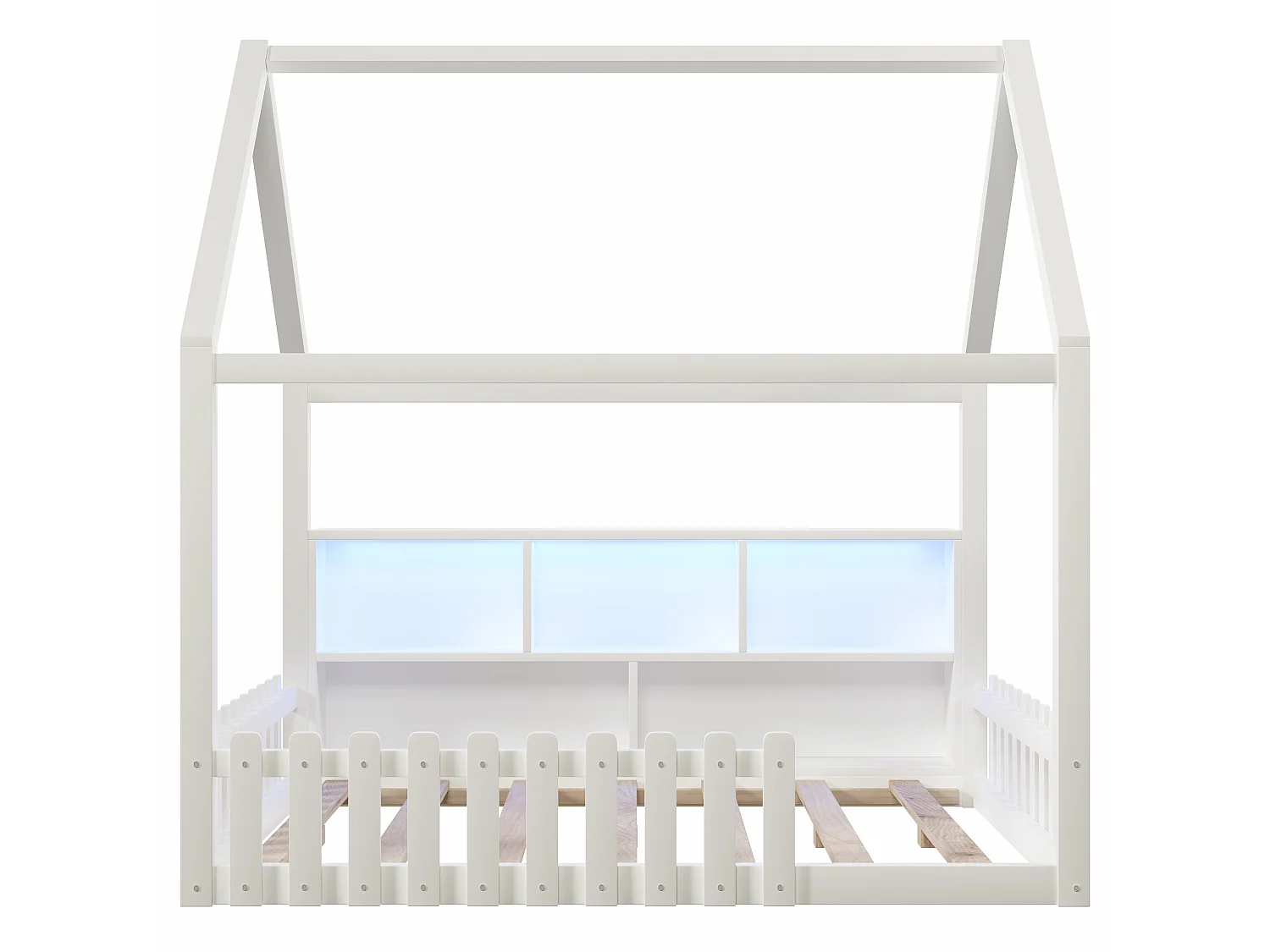 Lit cabane enfant 140x190cm, avec barrières, LED, niches ouvertes, style minimaliste, bois de pin, Blanc