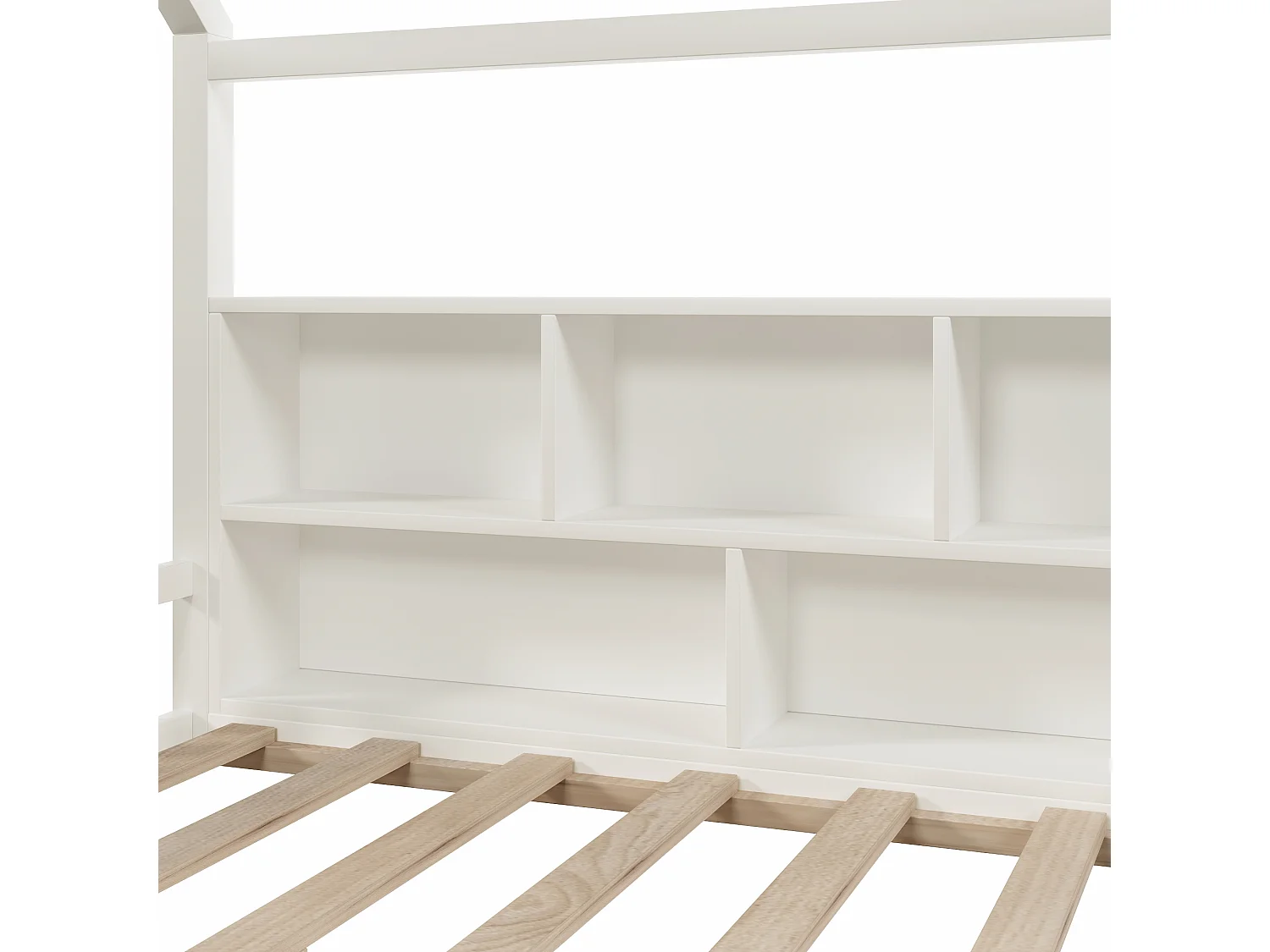 Lit cabane enfant 140x190cm, avec barrières, LED, niches ouvertes, style minimaliste, bois de pin, Blanc