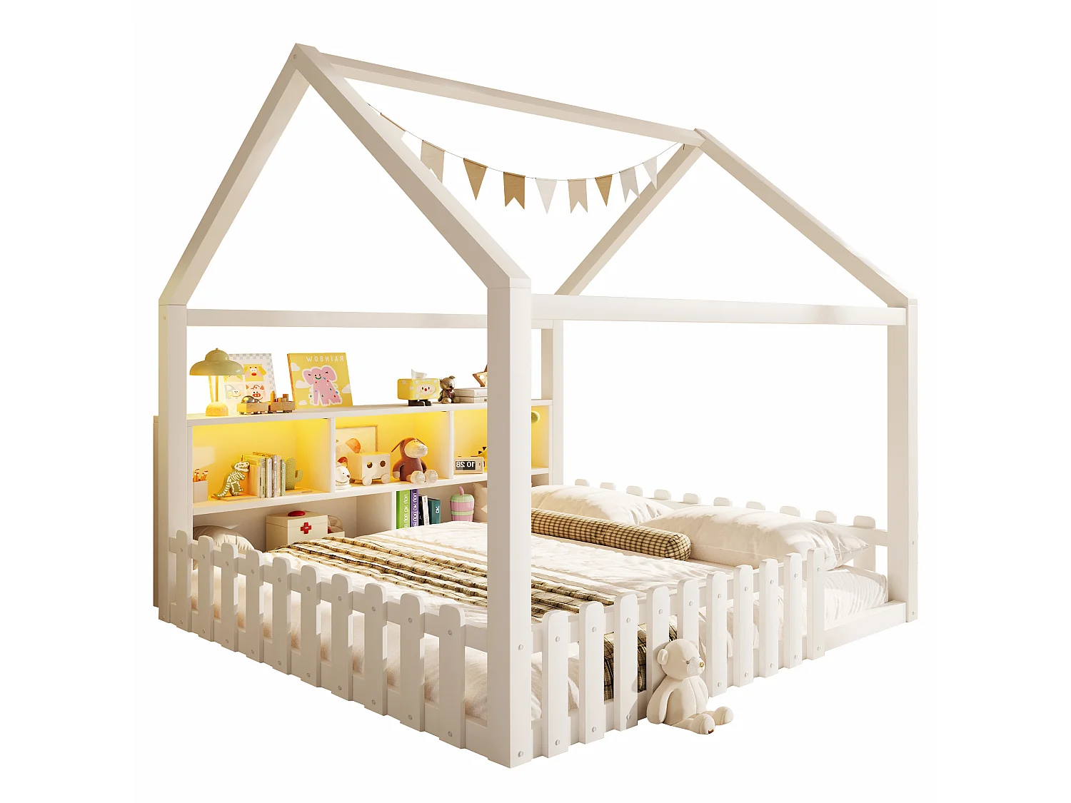 Lit cabane enfant 140x190cm, avec barrières, LED, niches ouvertes, style minimaliste, bois de pin, Blanc