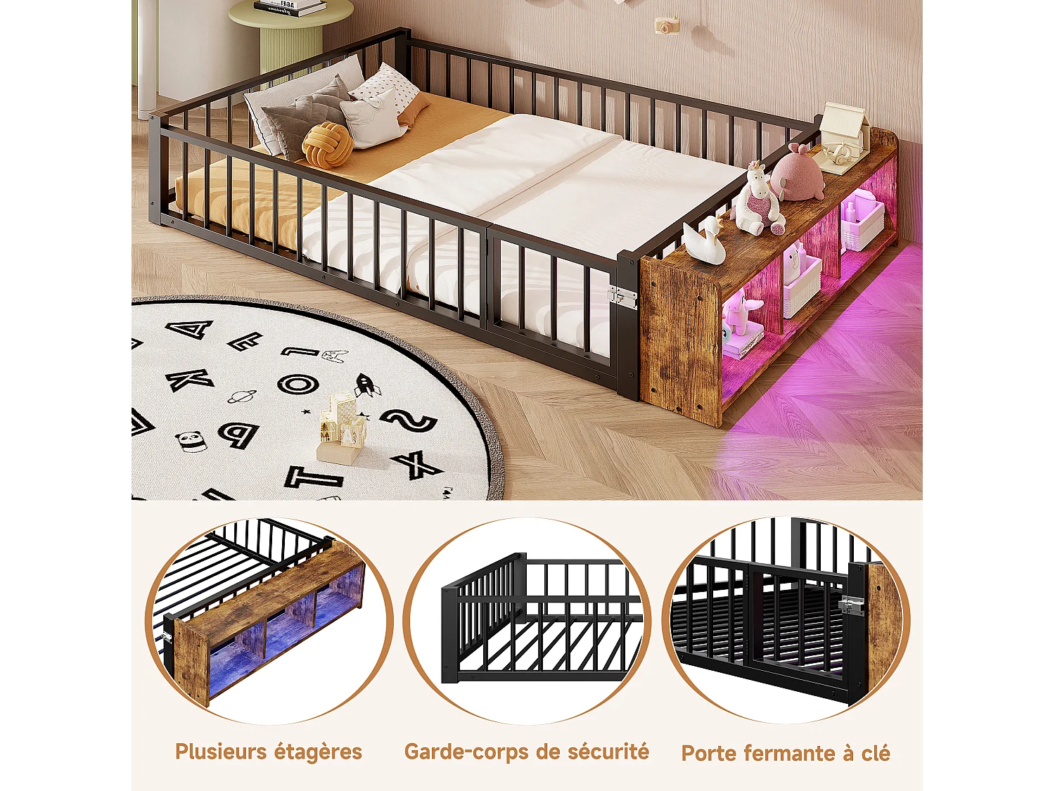 Lit double en Métal 140x200cm avec Éclairage LED Intégré - Lit enfant avec Rangements et Barrière de Sécurité - noir