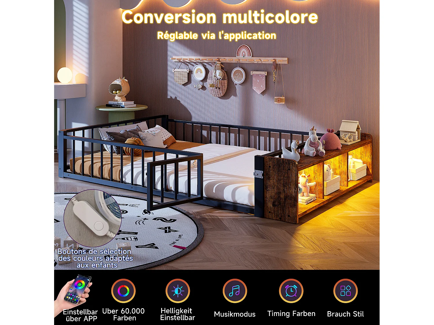 Lit double en Métal 140x200cm avec Éclairage LED Intégré - Lit enfant avec Rangements et Barrière de Sécurité - noir