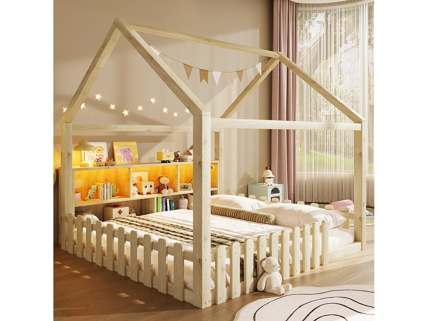 Lit enfant cabane 140x190 cm avec LED - barrière - rangements ouverts - bois de pin - naturel