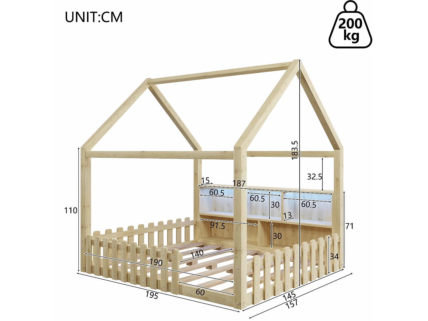 Lit enfant cabane 140x190 cm avec LED - barrière - rangements ouverts - bois de pin - naturel