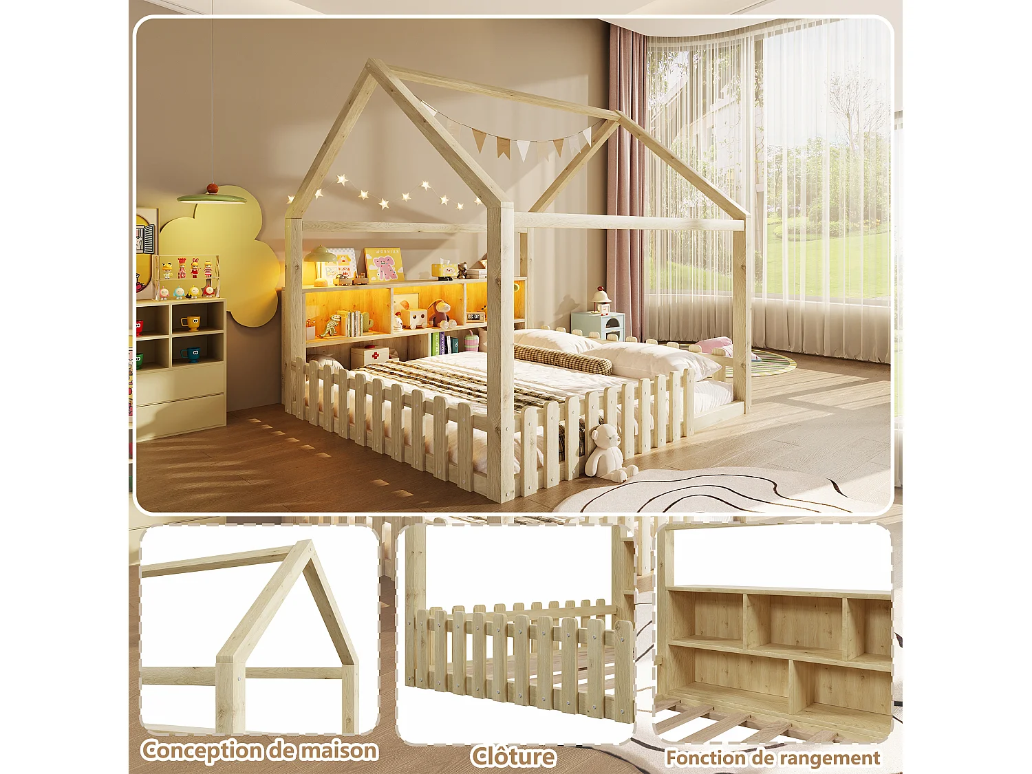 Lit enfant cabane 140x190 cm avec LED - barrière - rangements ouverts - bois de pin - naturel