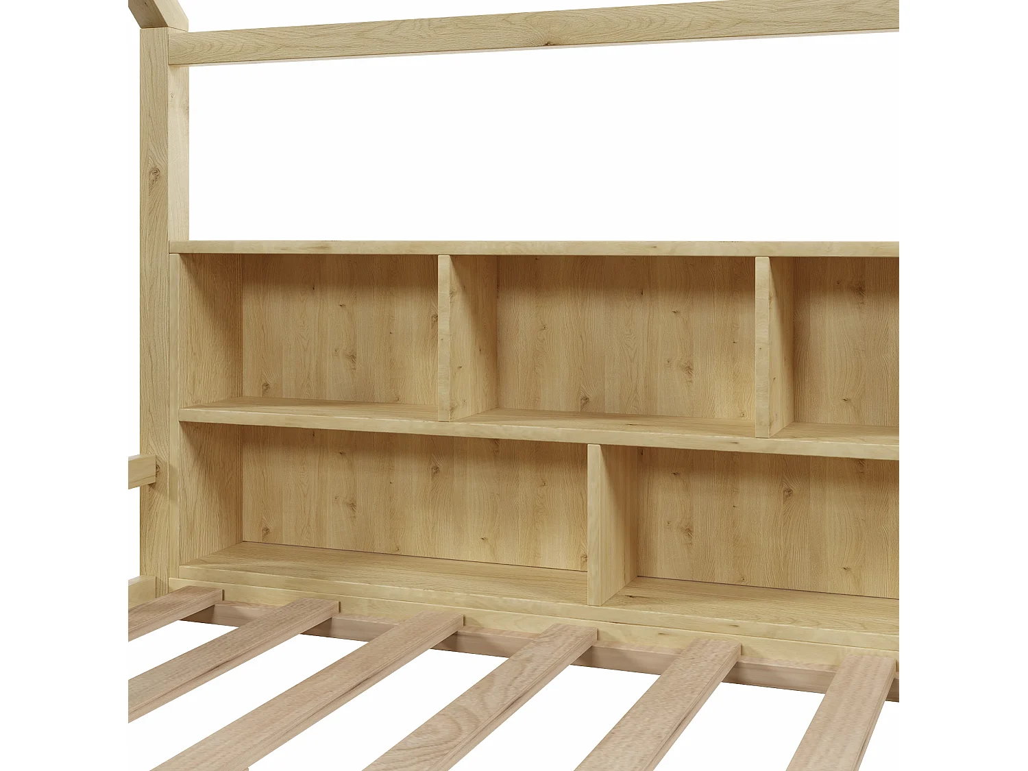 Lit enfant cabane 140x190 cm avec LED - barrière - rangements ouverts - bois de pin - naturel