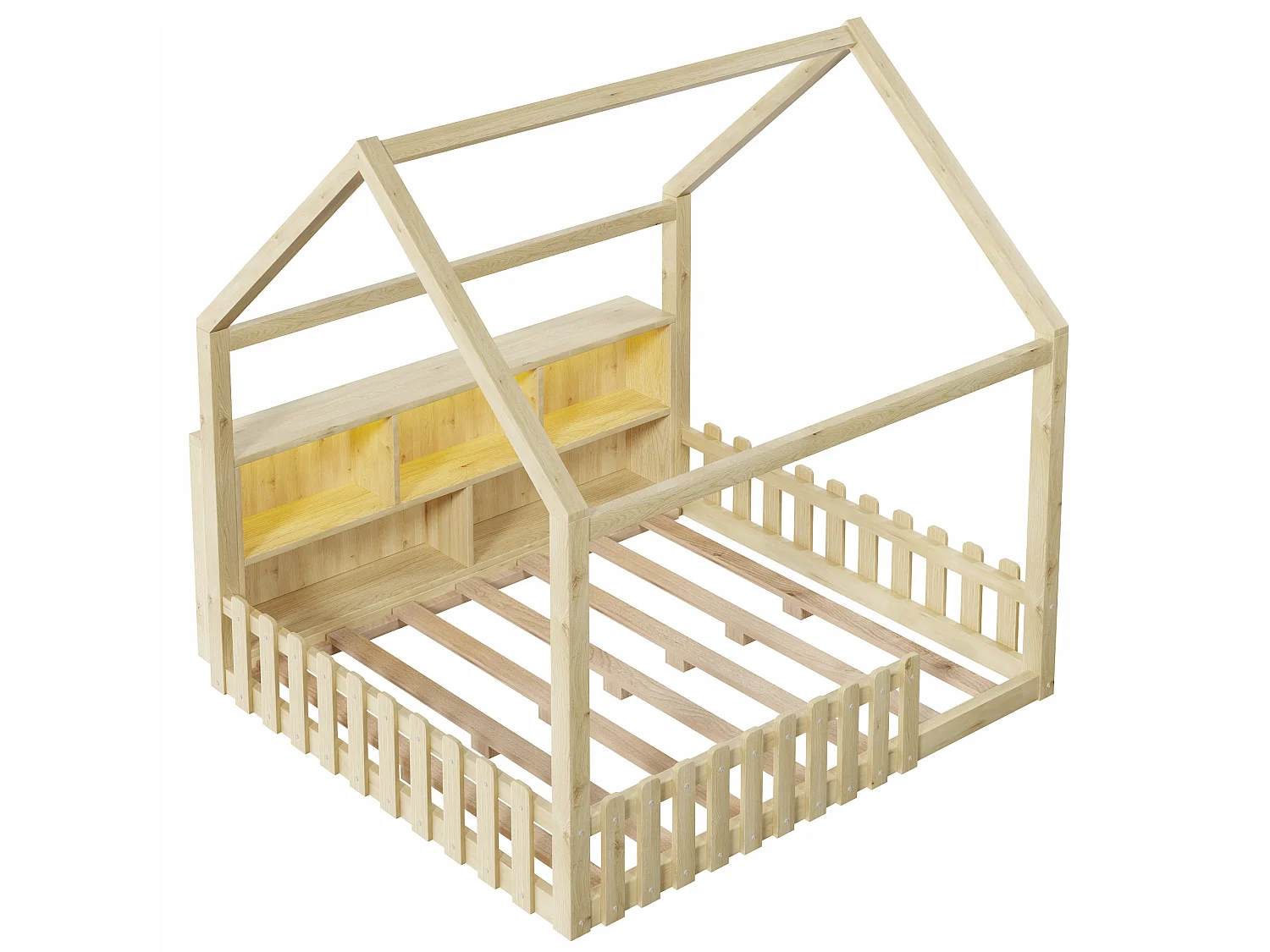 Lit enfant cabane 140x190 cm avec LED - barrière - rangements ouverts - bois de pin - naturel