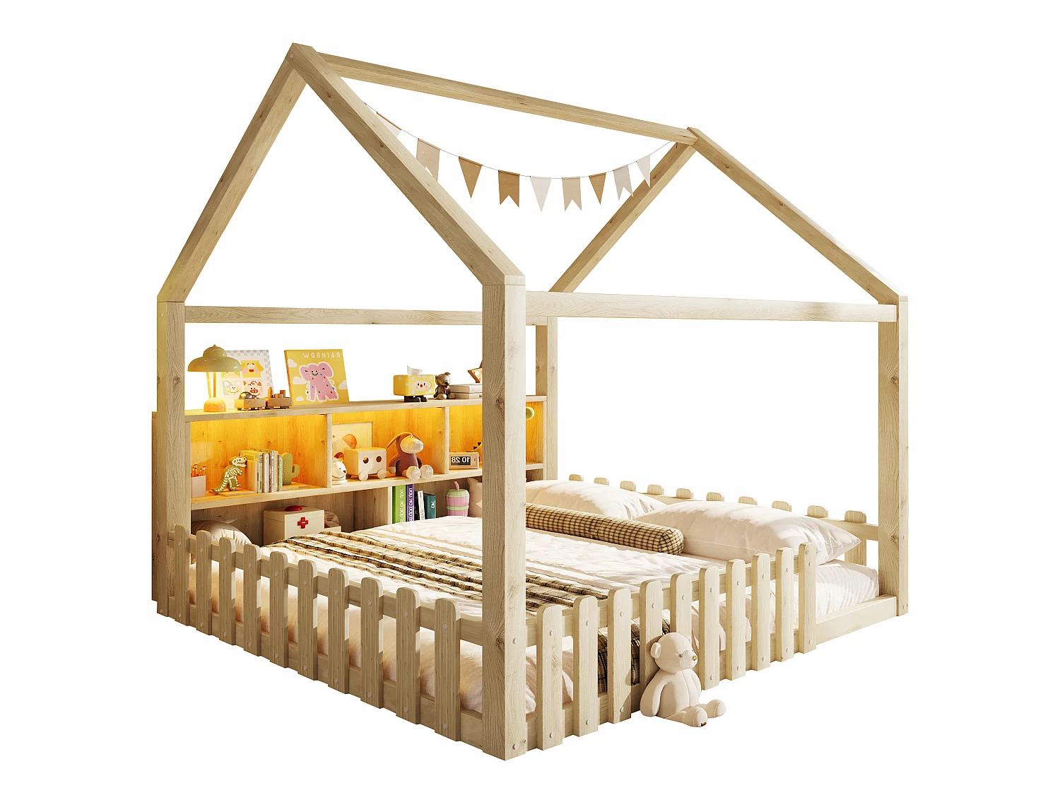 Lit enfant cabane 140x190 cm avec LED - barrière - rangements ouverts - bois de pin - naturel
