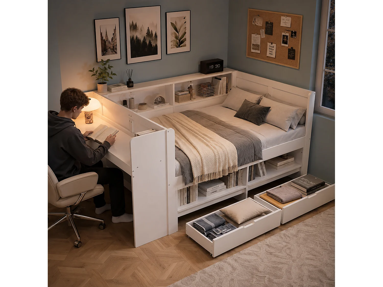 Lit combiné 120 x 200 cm en bois avec bureau intégré, armoire, 2 tiroirs, niches et contour de lit, blanc