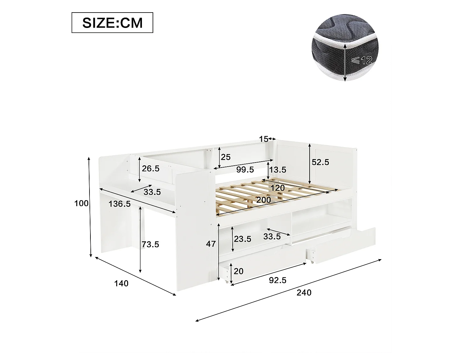 Lit combiné 120 x 200 cm en bois avec bureau intégré, armoire, 2 tiroirs, niches et contour de lit, blanc