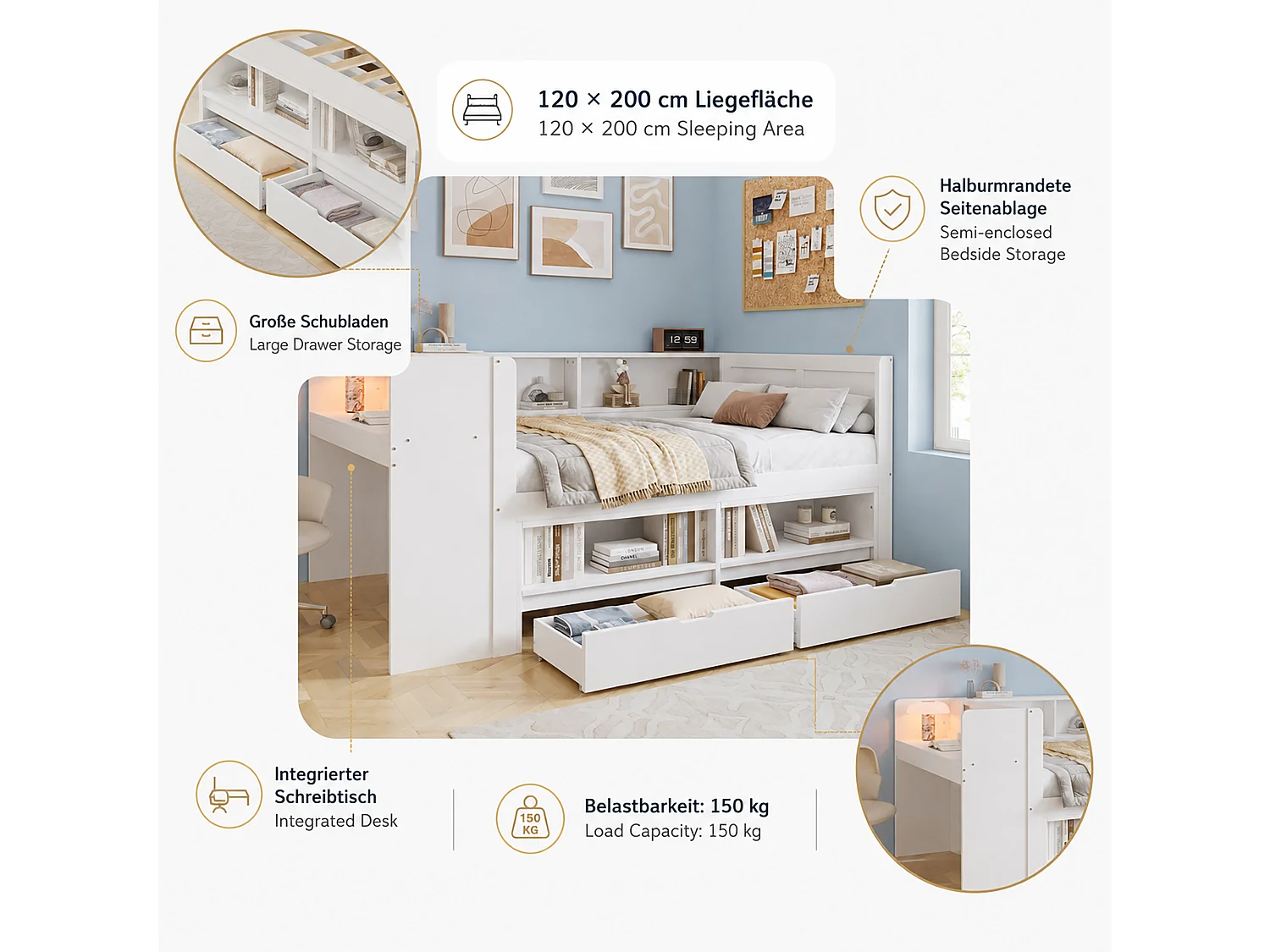 Lit combiné 120 x 200 cm en bois avec bureau intégré, armoire, 2 tiroirs, niches et contour de lit, blanc