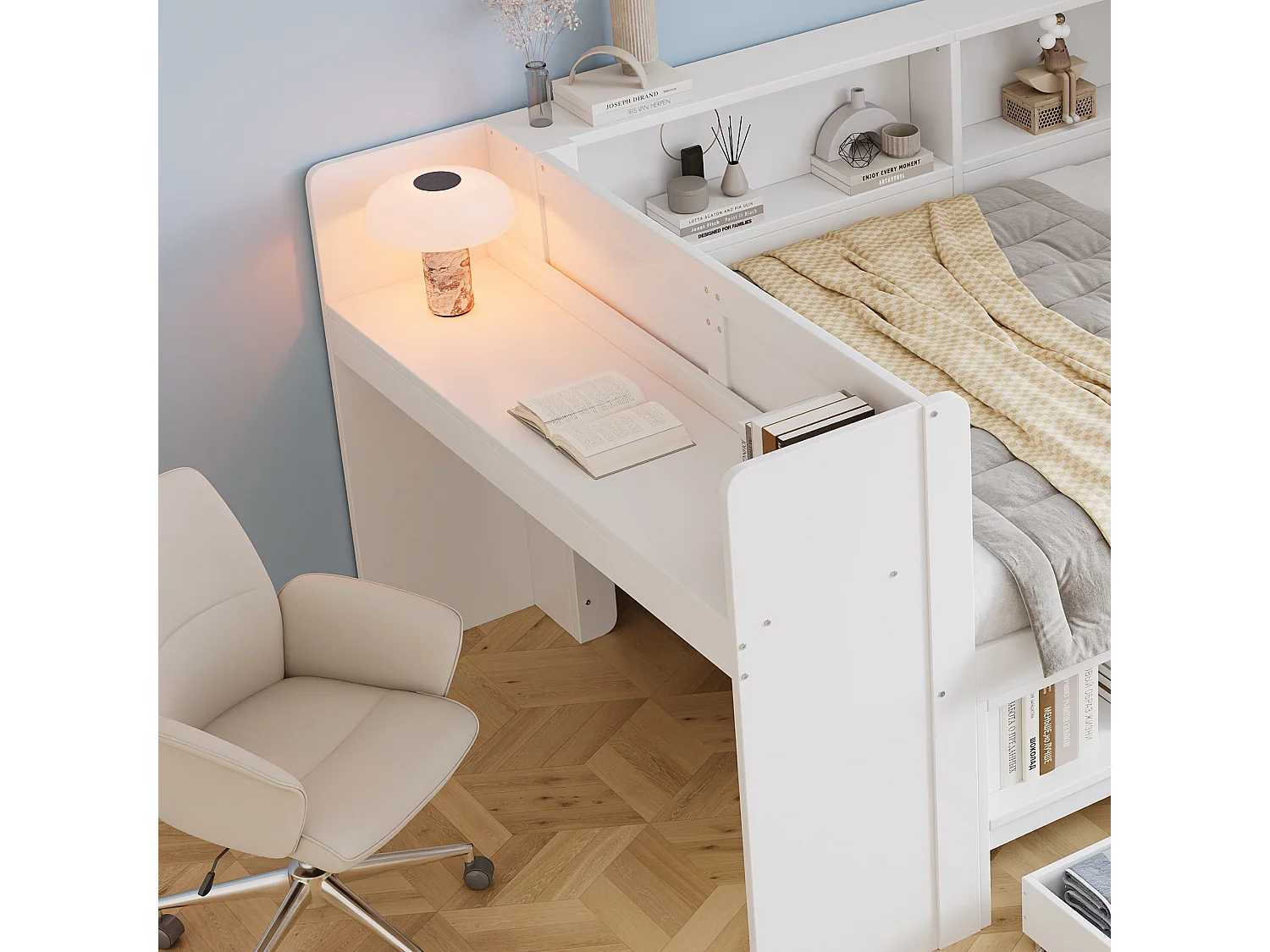 Lit combiné 120 x 200 cm en bois avec bureau intégré, armoire, 2 tiroirs, niches et contour de lit, blanc