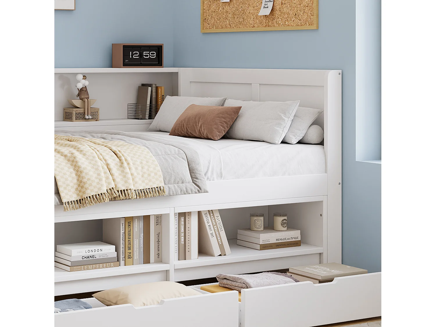 Lit combiné 120 x 200 cm en bois avec bureau intégré, armoire, 2 tiroirs, niches et contour de lit, blanc