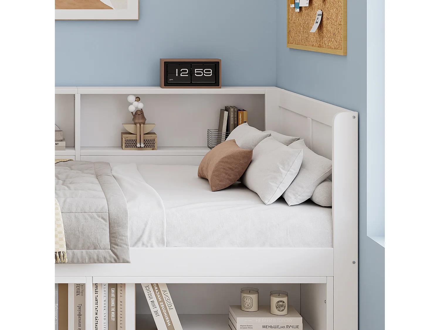 Lit combiné 120 x 200 cm en bois avec bureau intégré, armoire, 2 tiroirs, niches et contour de lit, blanc