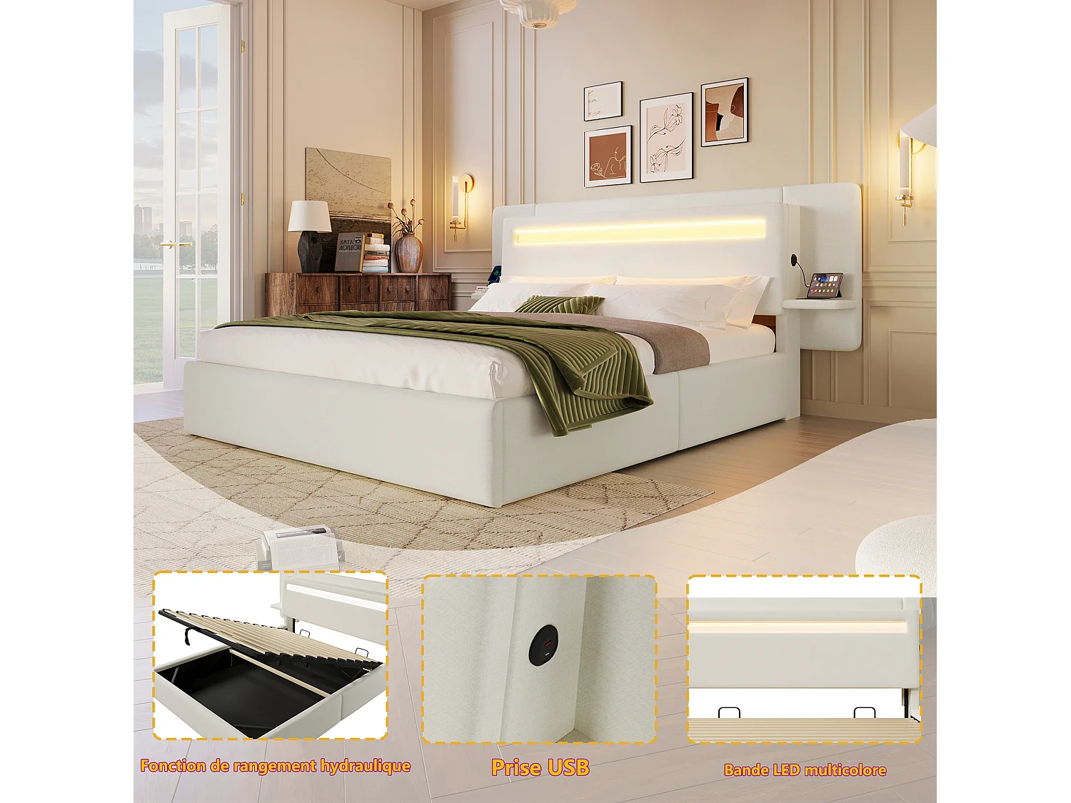 Lit coffre rembourré 180 x 200 cm, lit double avec rangement hydraulique, chevet intégré, port USB et éclairage LED multicolore,beige