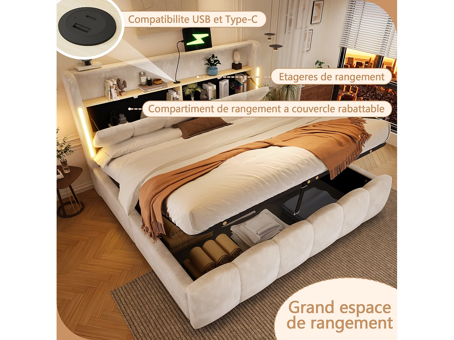 Lit coffre King Size 180x200cm avec tête de lit de rangement, éclairage LED, prises USB & Type-C,velours beige