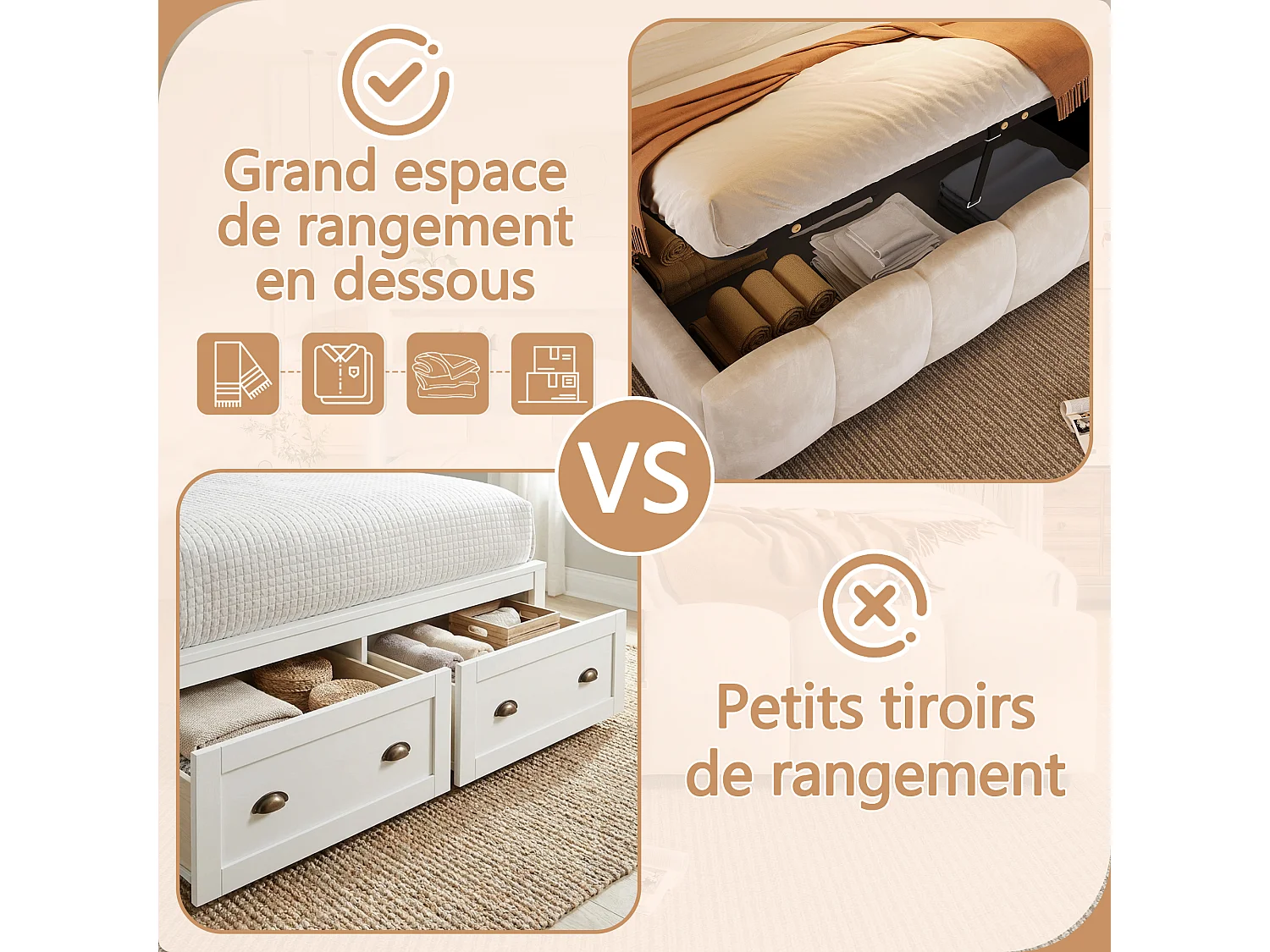 Lit coffre King Size 180x200cm avec tête de lit de rangement, éclairage LED, prises USB & Type-C,velours beige