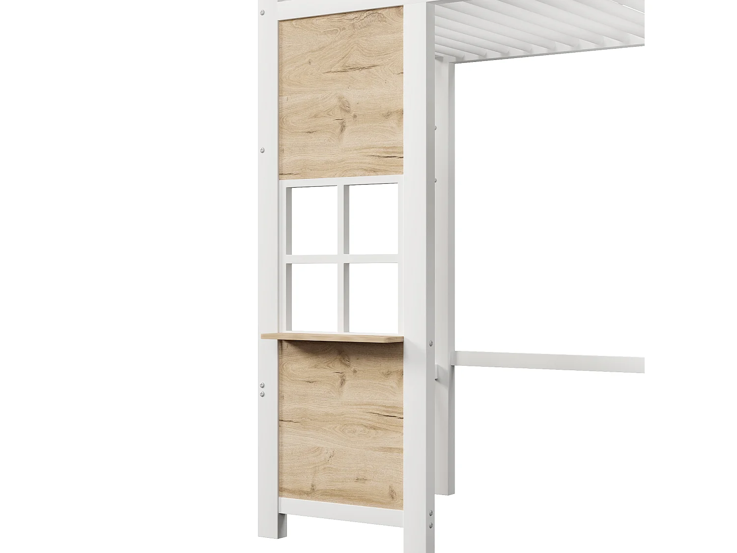 Lit mezzanine enfant 90x200 cm avec échelle de rangement et fenêtre avec espace sous le lit et barrière de sécurité,métal blanc