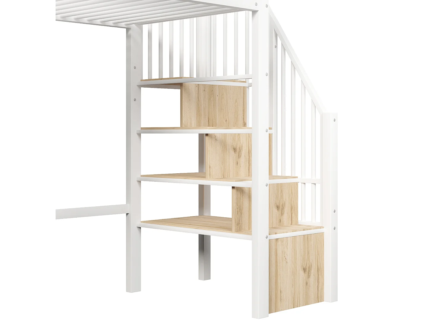 Lit mezzanine enfant 90x200 cm avec échelle de rangement et fenêtre avec espace sous le lit et barrière de sécurité,métal blanc