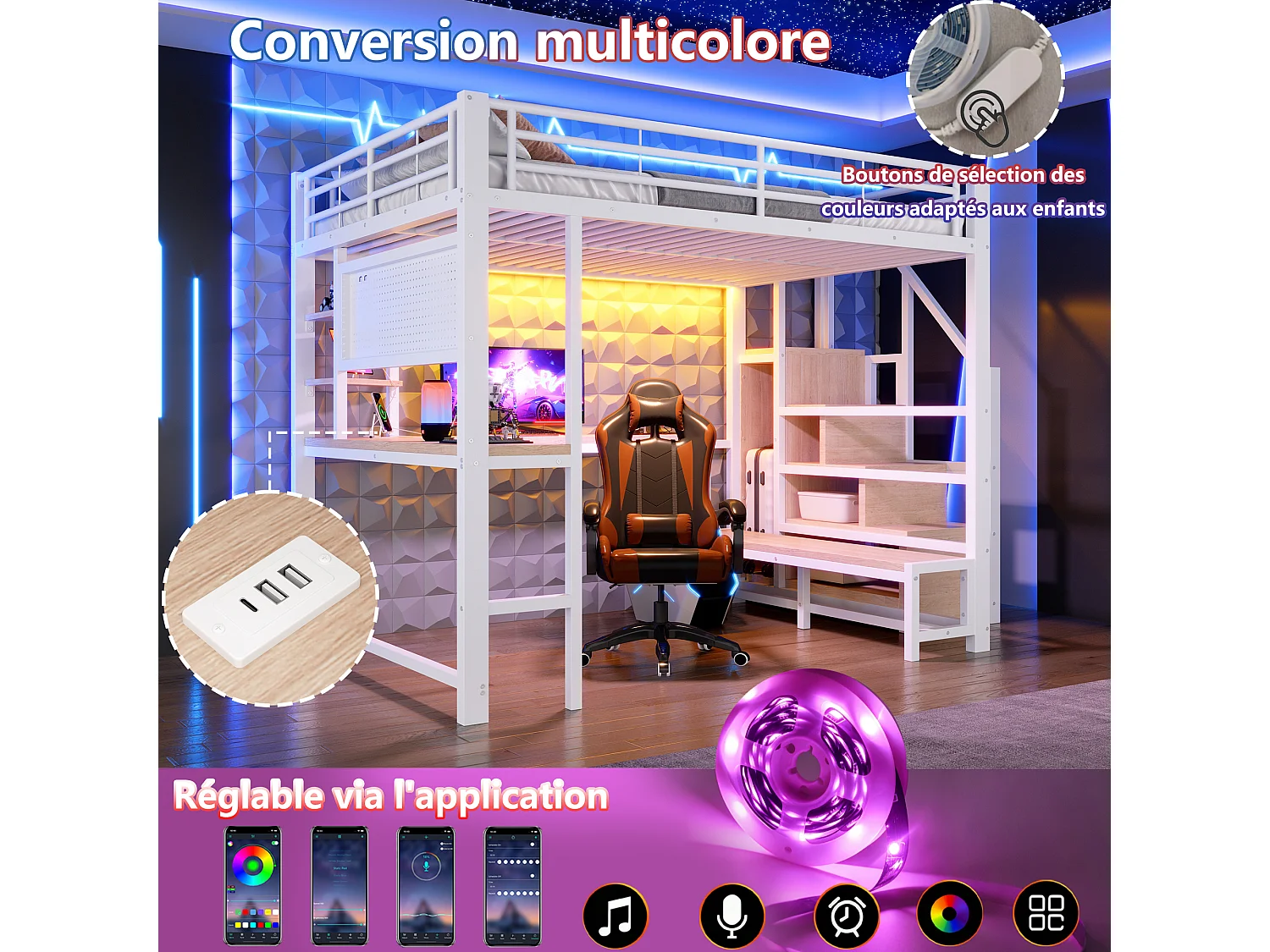Lit mezzanine Métal 140x200cm - Lit haut double avec bureau, panneau perforé, escalier rangement, prises USB/USB-C, étagères et LED, blanc