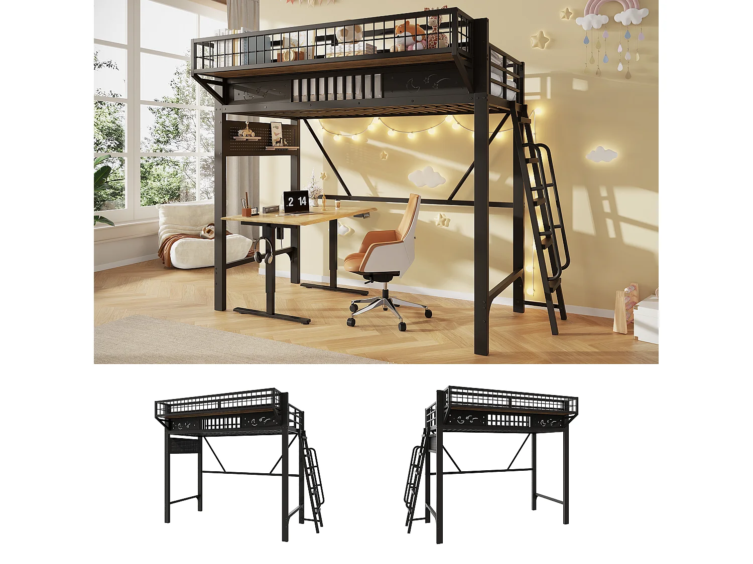 Lit mezzanine 2 personnes 90x200cm - Lit haut double avec étagères de rangement, espace ouvert en bas, métal noir
