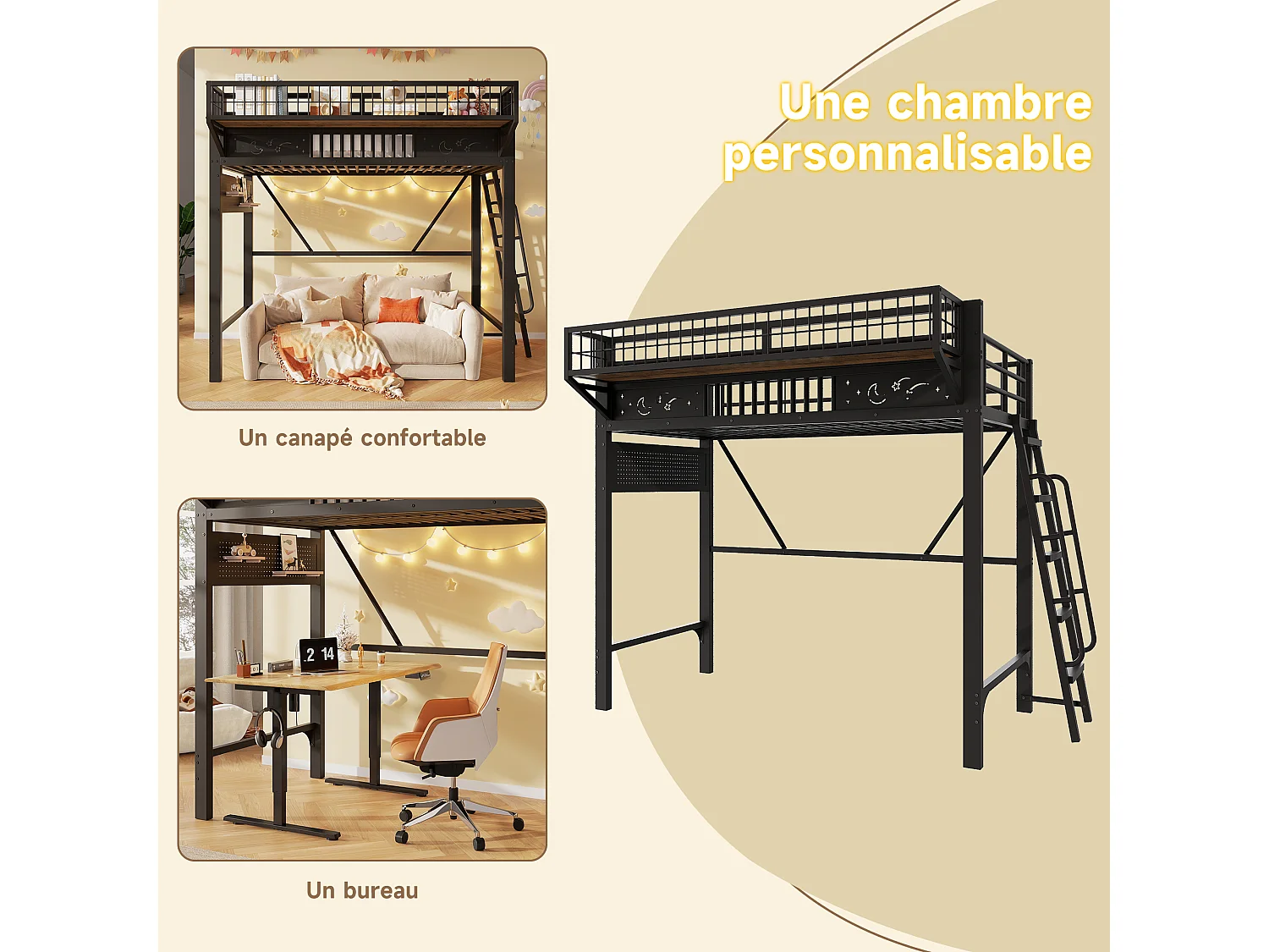 Lit mezzanine 2 personnes 90x200cm - Lit haut double avec étagères de rangement, espace ouvert en bas, métal noir