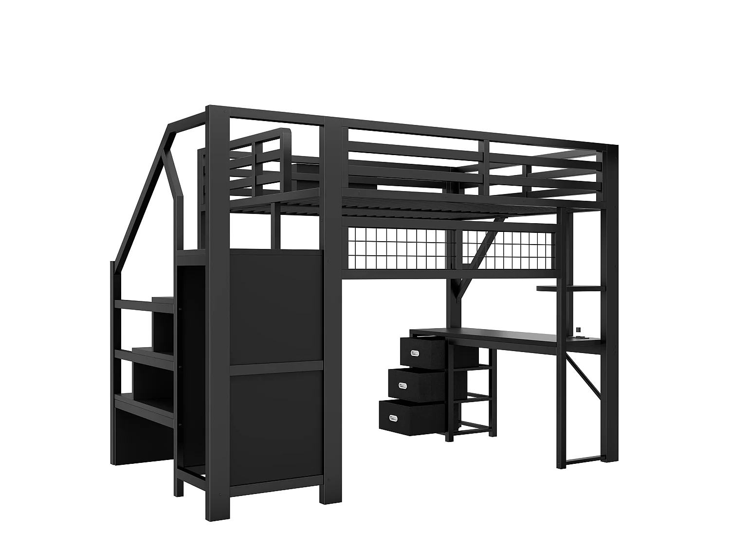 Lit mezzanine métal 140x200 cm avec bureau, 3 tiroirs, étagères, penderie/armoire et LED, noir