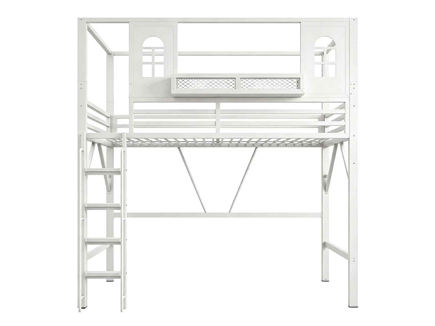 Lit mezzanine enfant 90 x 200 cm en métal, toit cabane avec fenêtres, échelle sécurisée, rangement, blanc