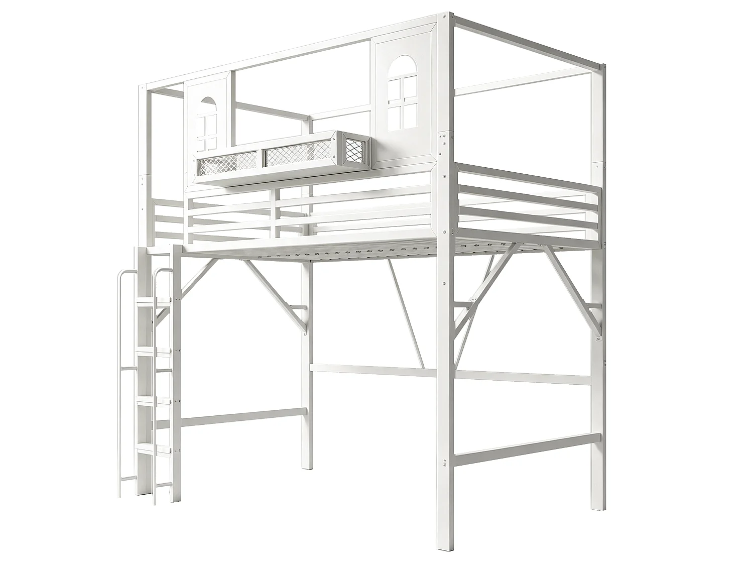 Lit mezzanine enfant 90 x 200 cm en métal, toit cabane avec fenêtres, échelle sécurisée, rangement, blanc