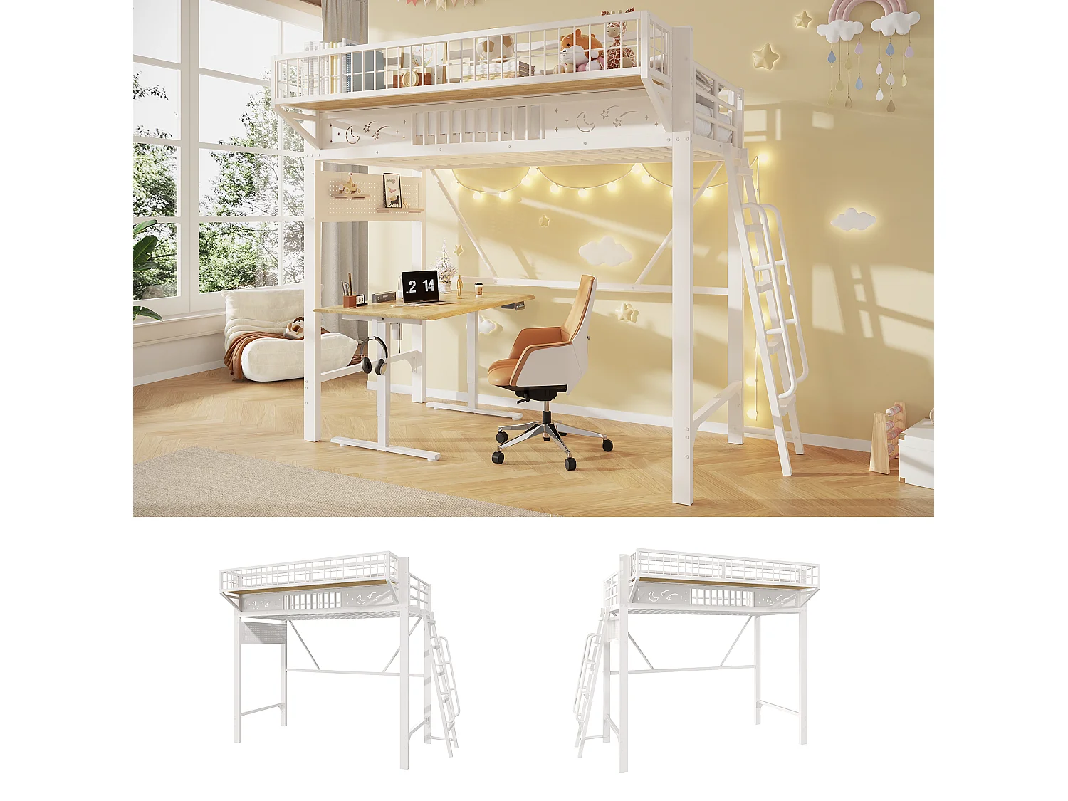 Lit mezzanine 2 personnes 90x200cm - Lit haut double avec étagères de rangement, espace ouvert en bas, métal blanc