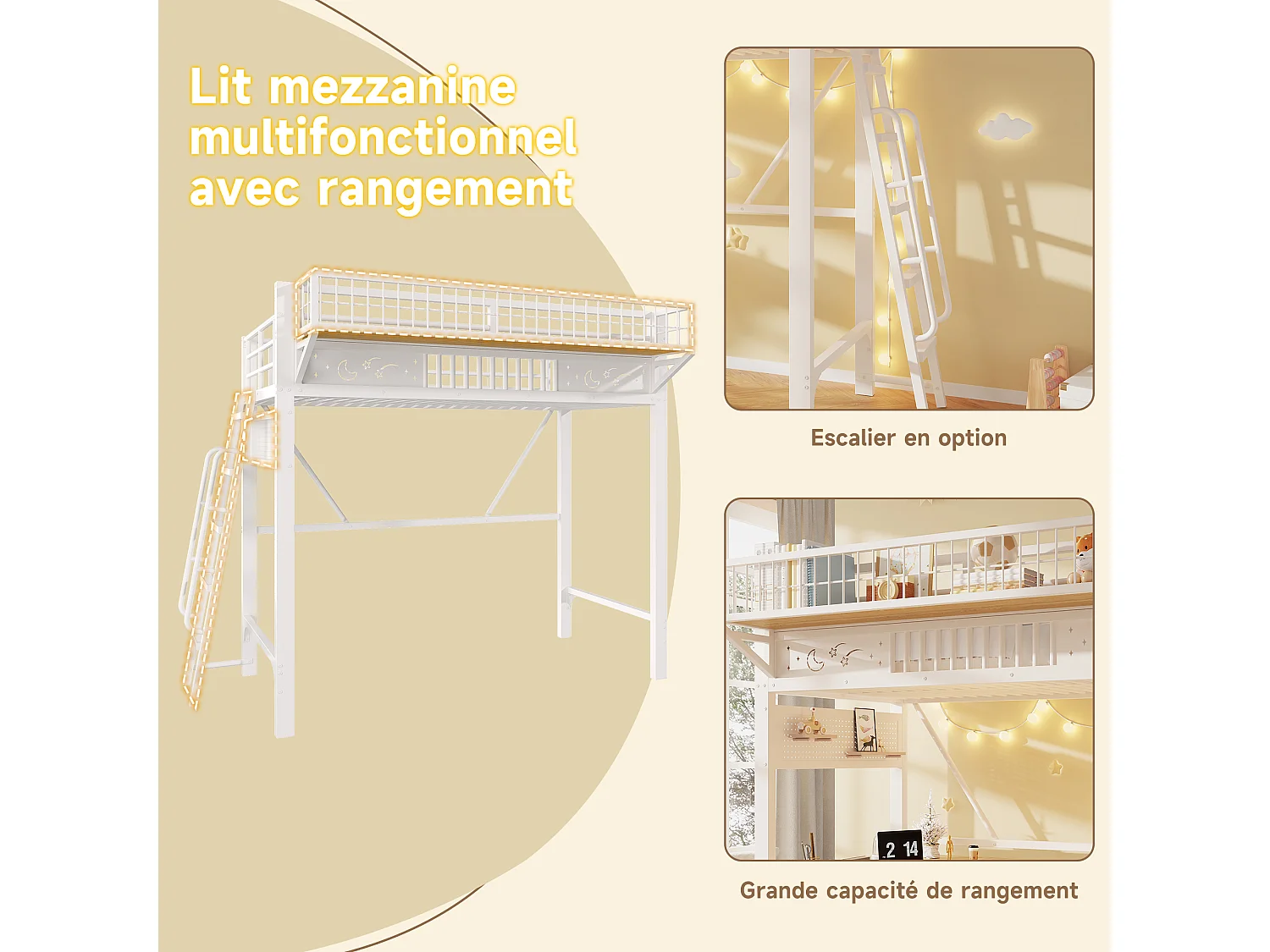 Lit mezzanine 2 personnes 90x200cm - Lit haut double avec étagères de rangement, espace ouvert en bas, métal blanc