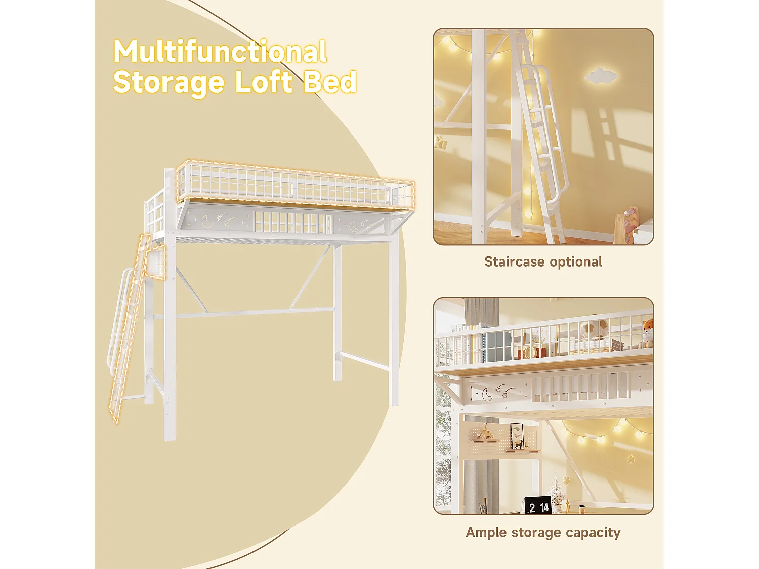 Lit mezzanine 2 personnes 90x200cm - Lit haut double avec étagères de rangement, espace ouvert en bas, métal blanc