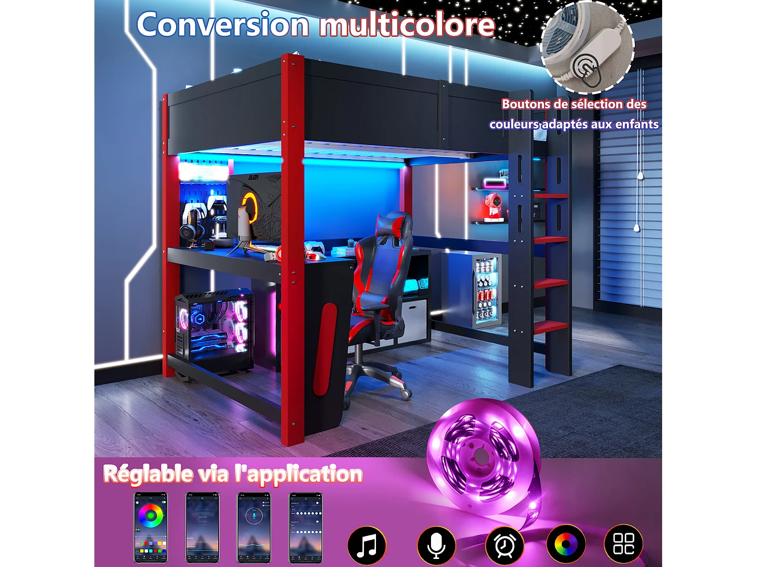 Lit mezzanine enfant 140x200 cm, lit surélevé avec bureau intégré, panneau perforé, éclairage LED, pin , noir