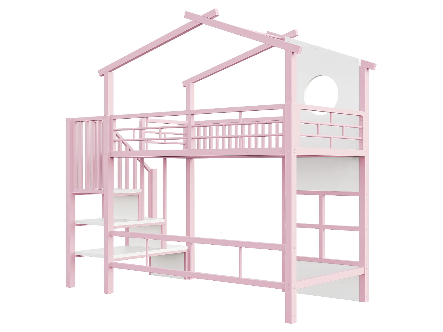 Lit mezzanine enfant 90 x 200 cm en métal, escalier avec rangement, garde-corps haut et éclairage LED, rose