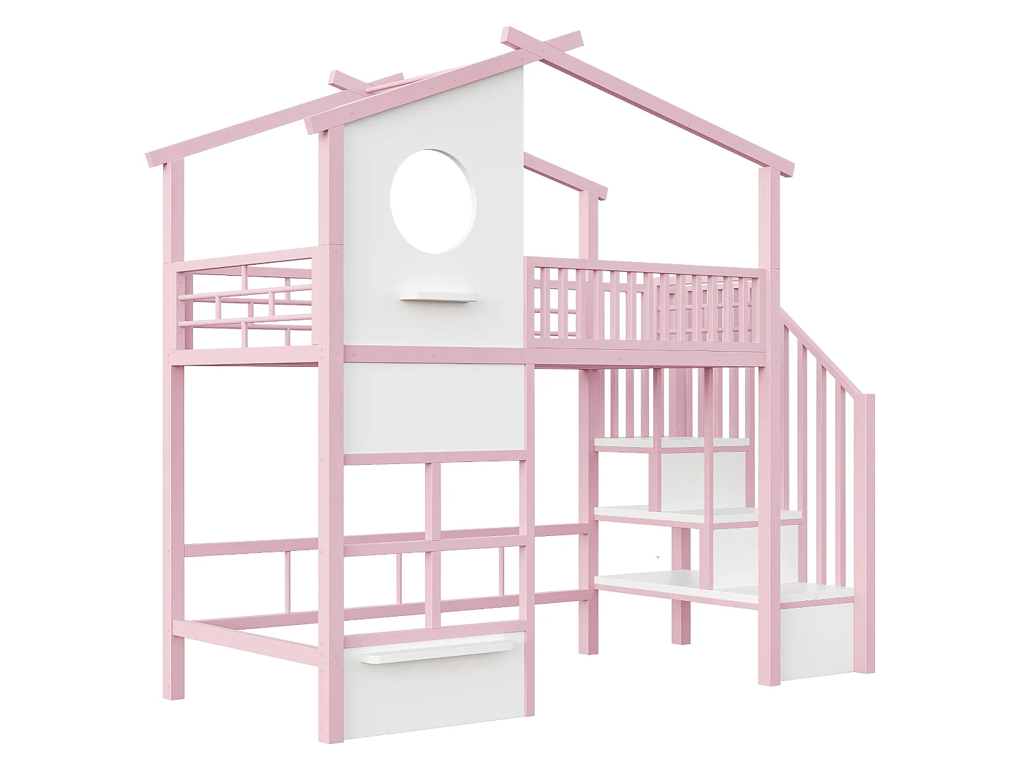 Lit mezzanine enfant 90 x 200 cm en métal, escalier avec rangement, garde-corps haut et éclairage LED, rose