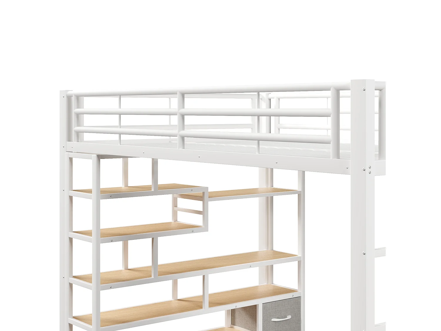 Lit mezzanine métal 140x200 cm avec rangement, échelle et marches intégrées, LED, tiroirs en tissu, blanc