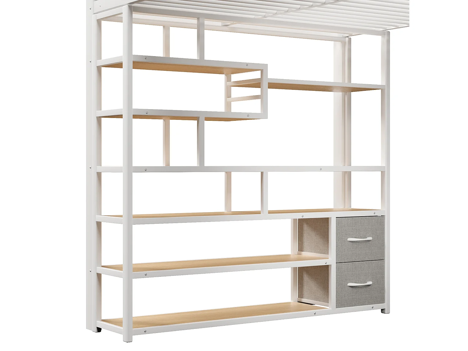 Lit mezzanine métal 140x200 cm avec rangement, échelle et marches intégrées, LED, tiroirs en tissu, blanc