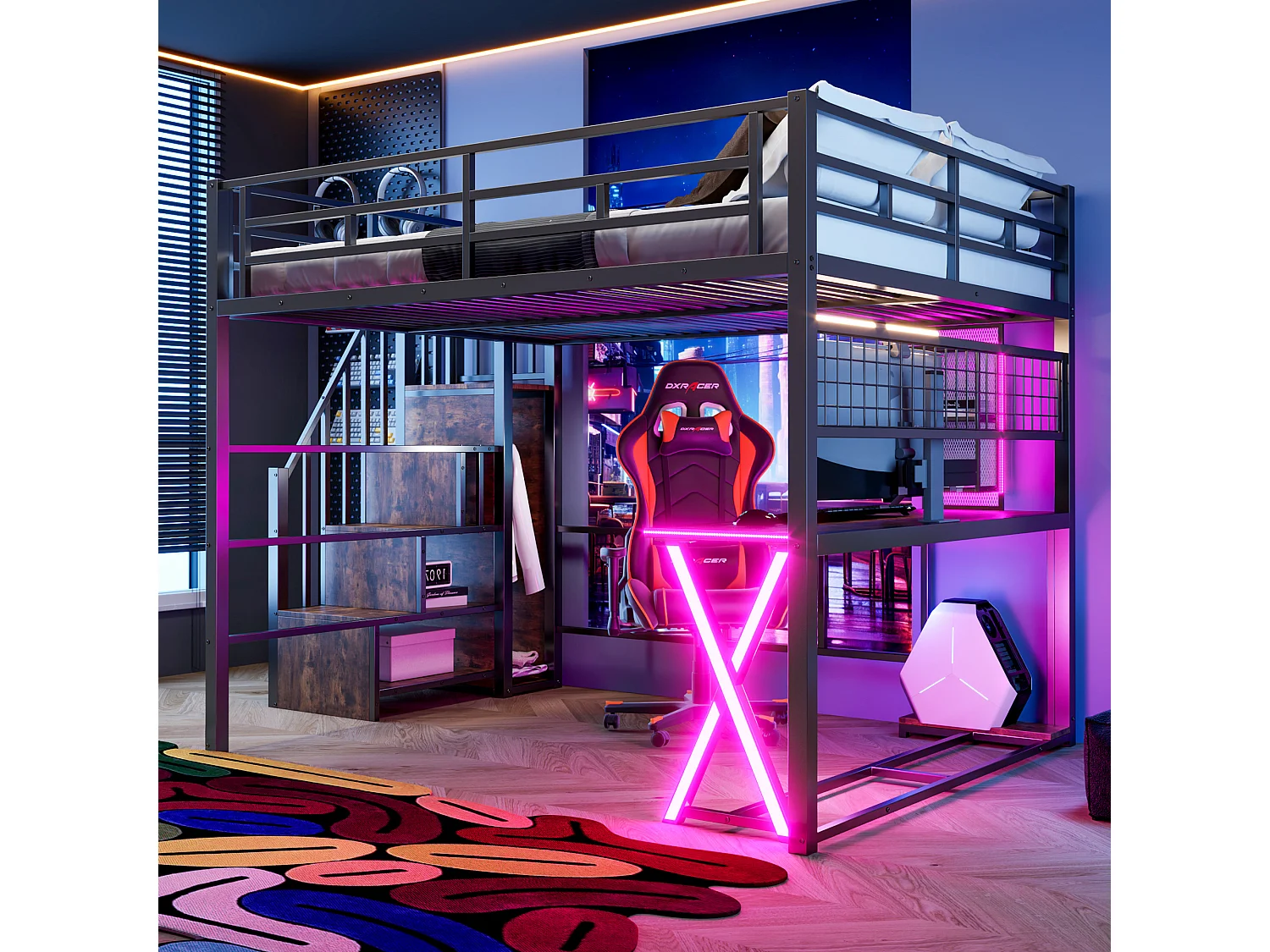 Lit mezzanine 160x200cm avec bureau, armoire, étagères, escalier de rangement et éclairage LED, lit multifonction, sans matelas, noir
