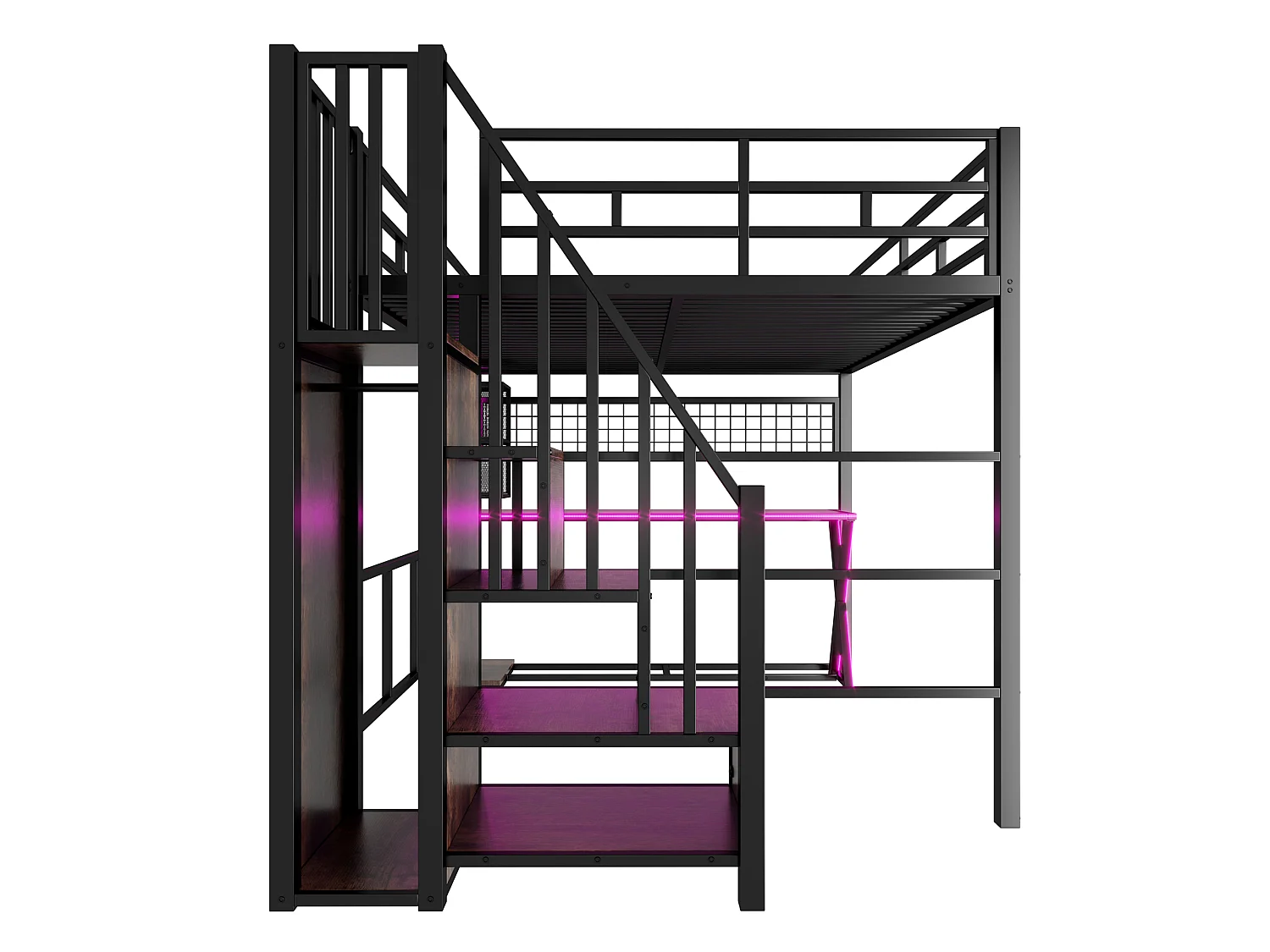 Lit mezzanine 160x200cm avec bureau, armoire, étagères, escalier de rangement et éclairage LED, lit multifonction, sans matelas, noir